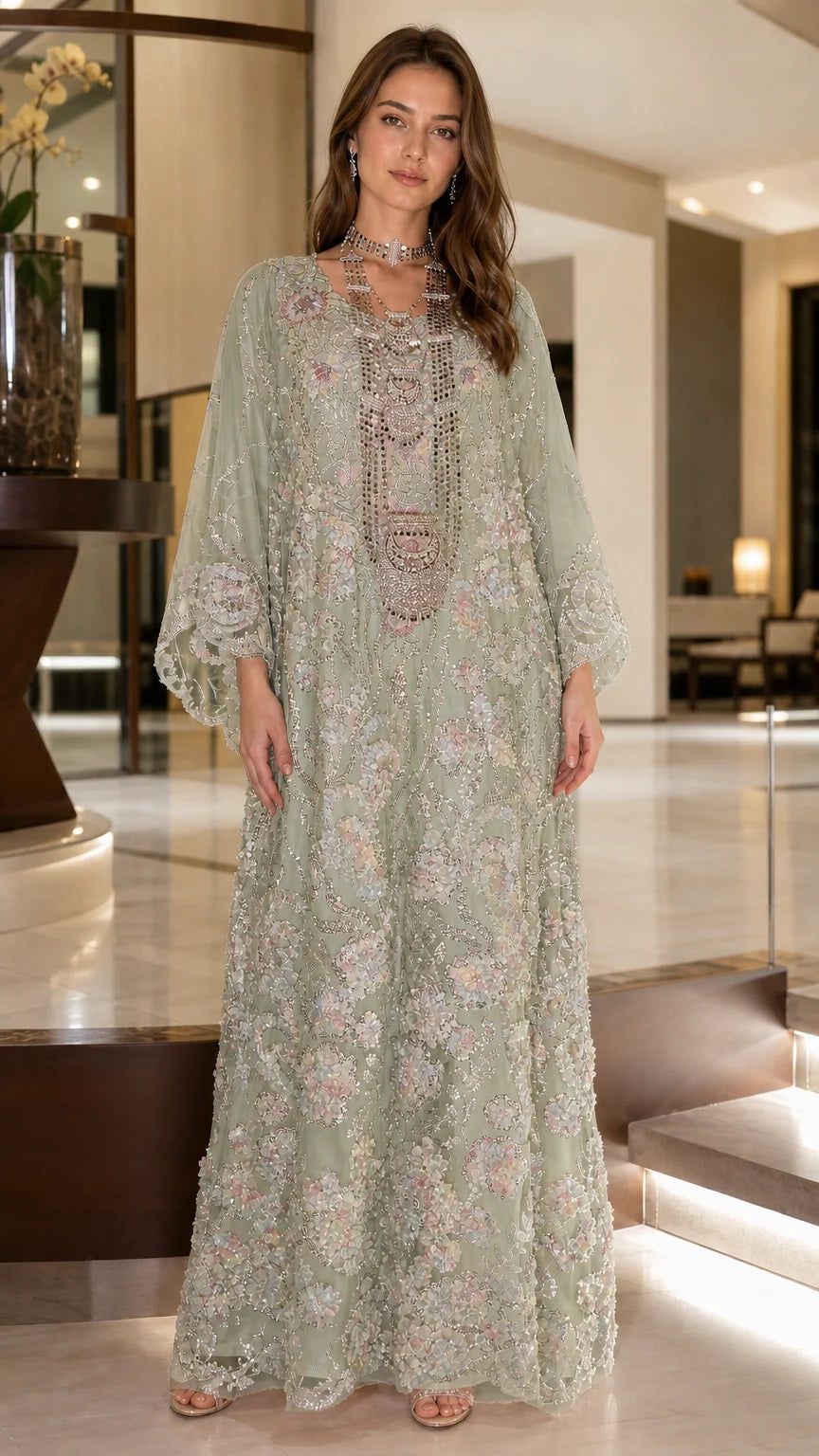 Full front view of sage green floral sequin embroidered kaftan maxi dress