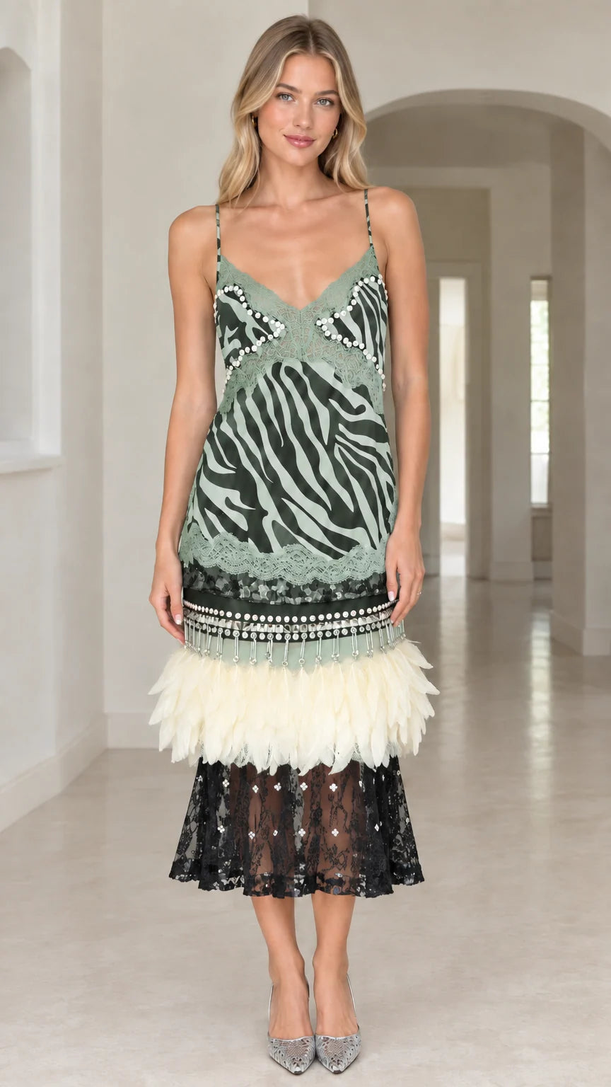 Model wearing Sage Green zebra print feather trimmed slip midi dress