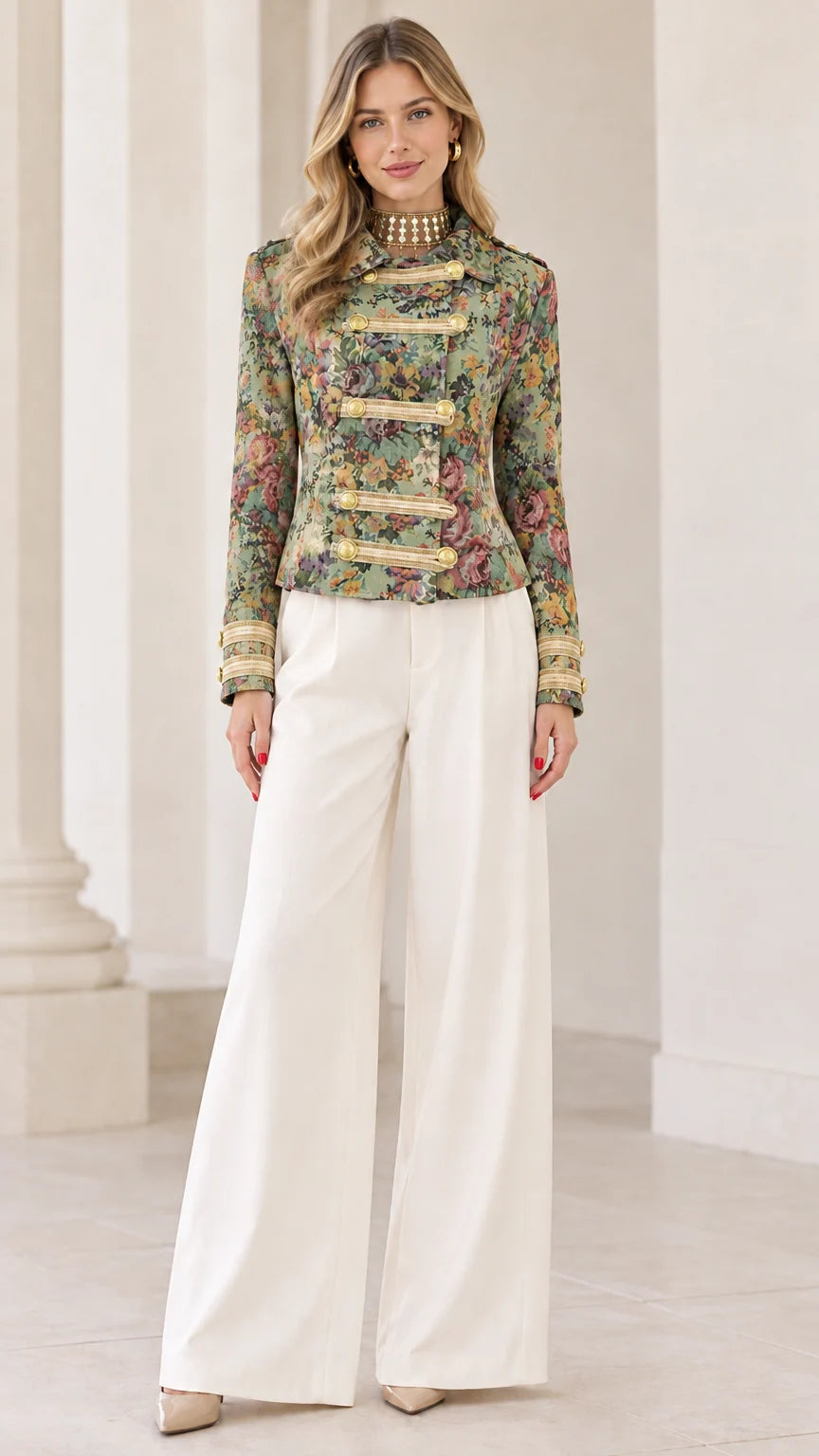 Full front view of Sage Floral tapestry military jacket styled with white trousers