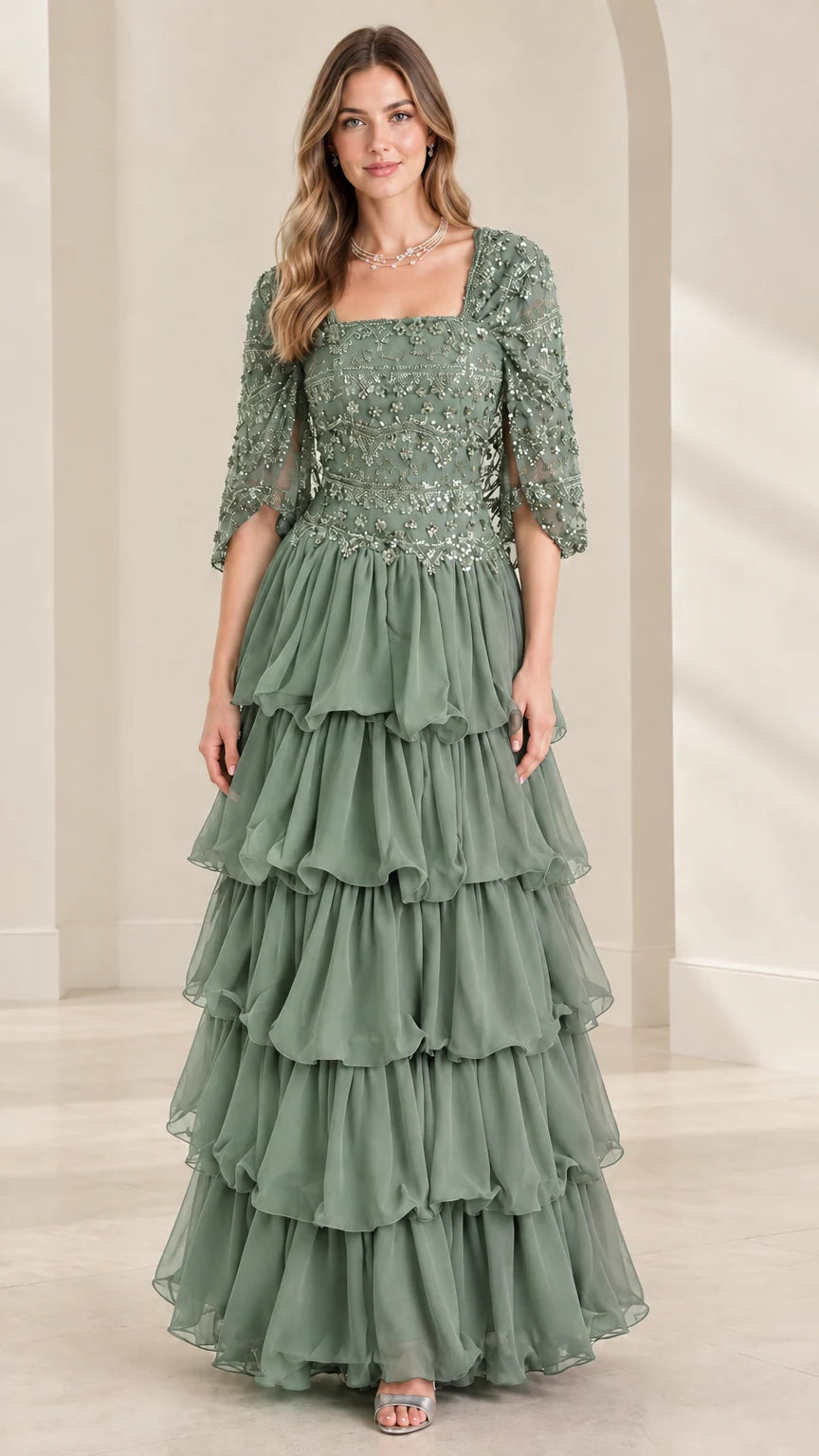 Full view of sage green beaded bodice tiered ruffle maxi formal dress