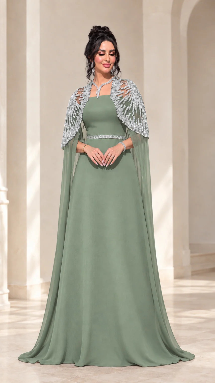 Sage green formal maxi gown with silver beaded cape overlay