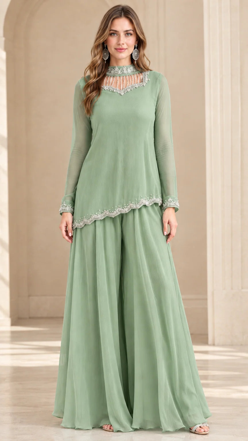 Sage Green mother of the bride beaded chiffon pant suit