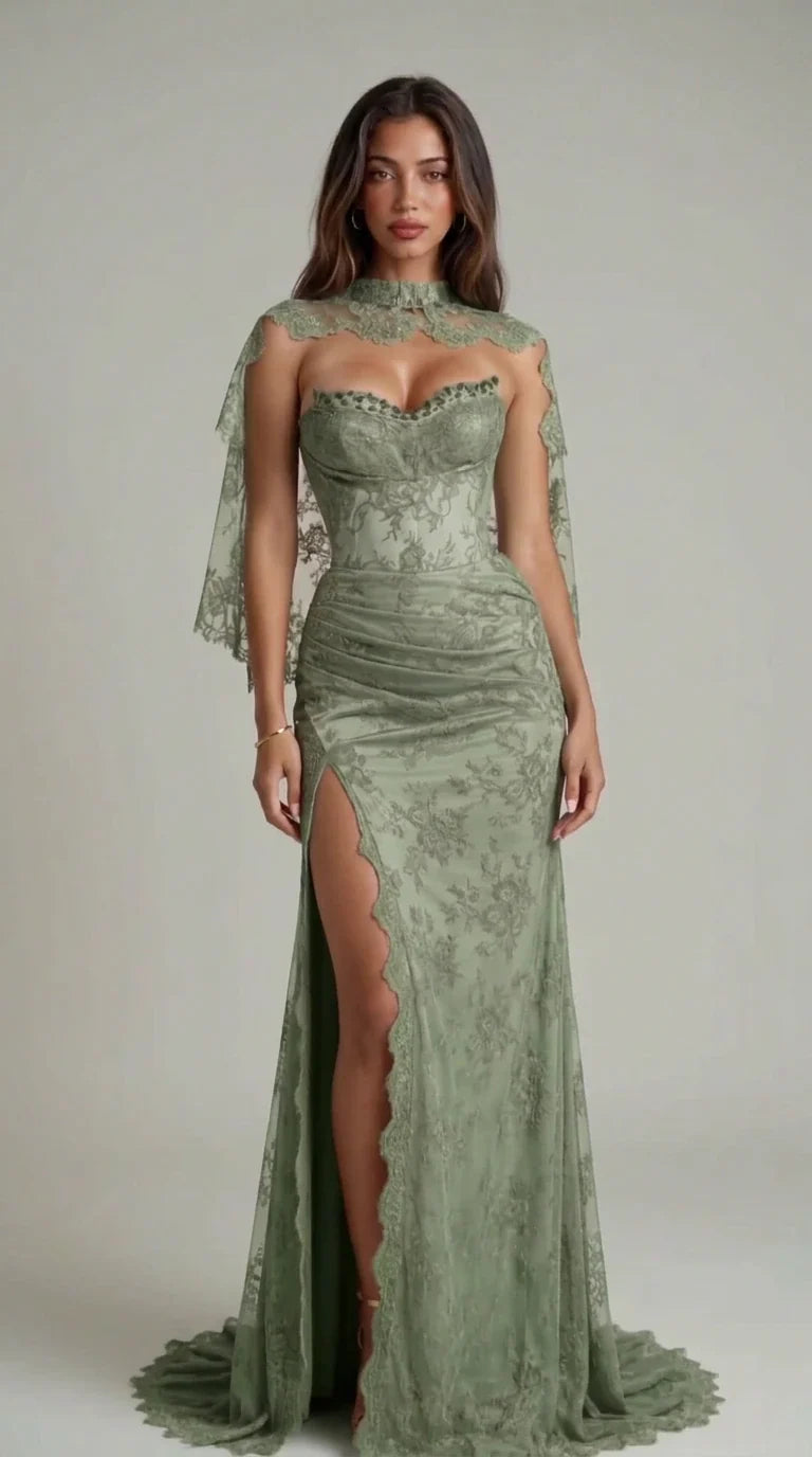 Full-length front view of sage green lace corset evening gown with capelet