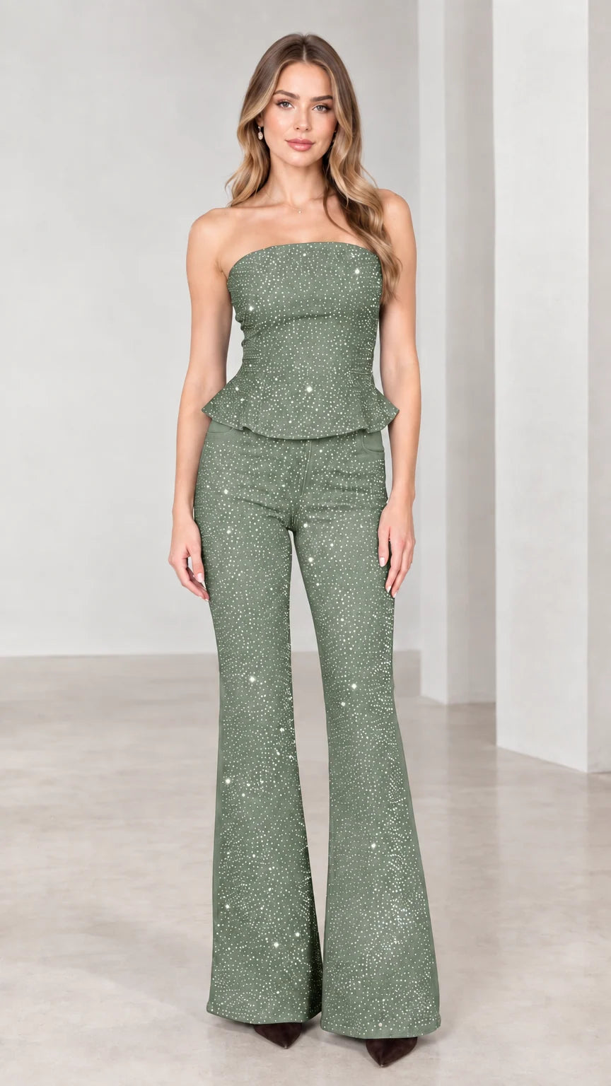 Sage Green strapless sparkle peplum top and matching flare leg trousers