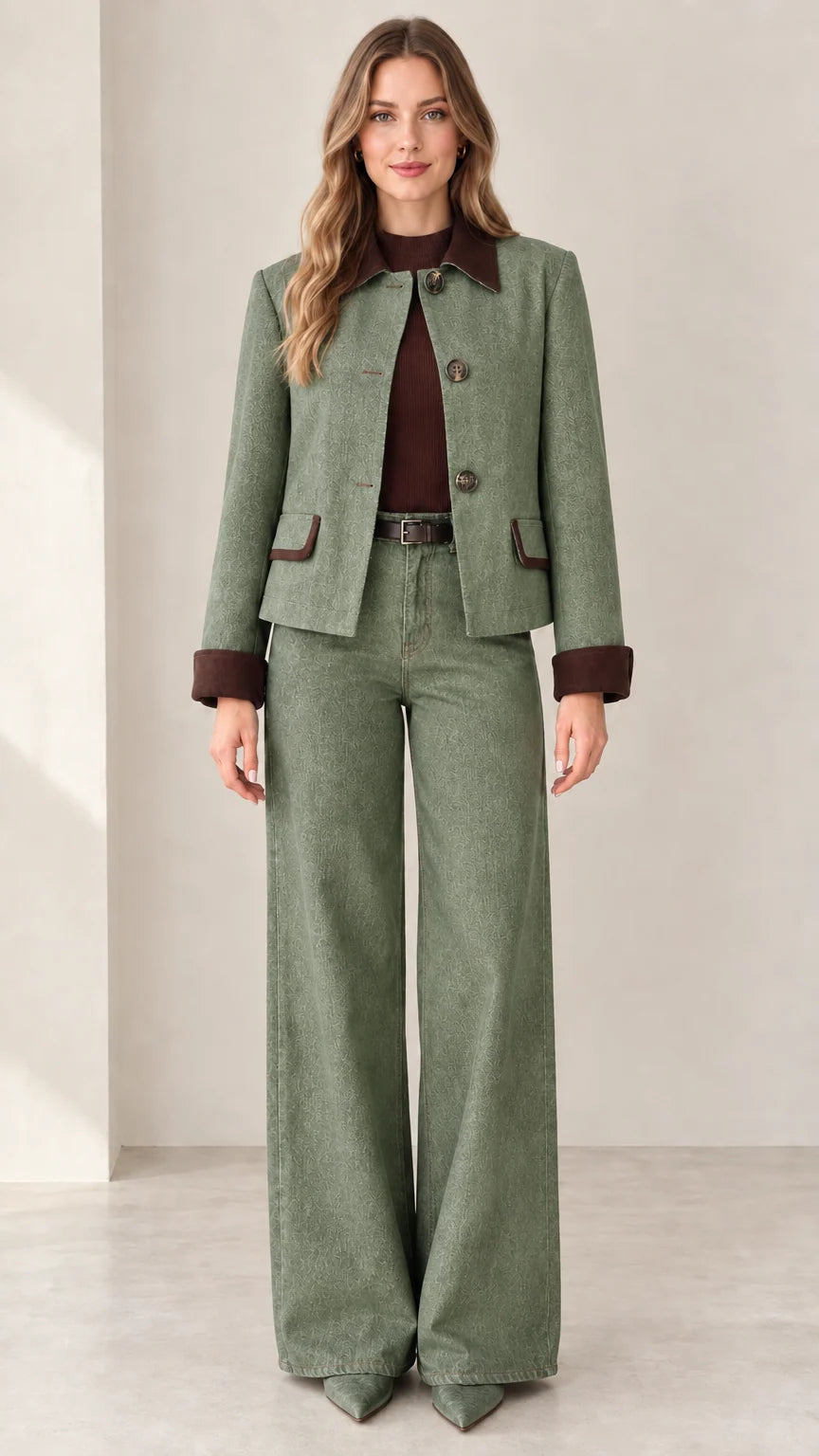 Model wearing Sage Green button-front jacket and matching wide-leg trousers