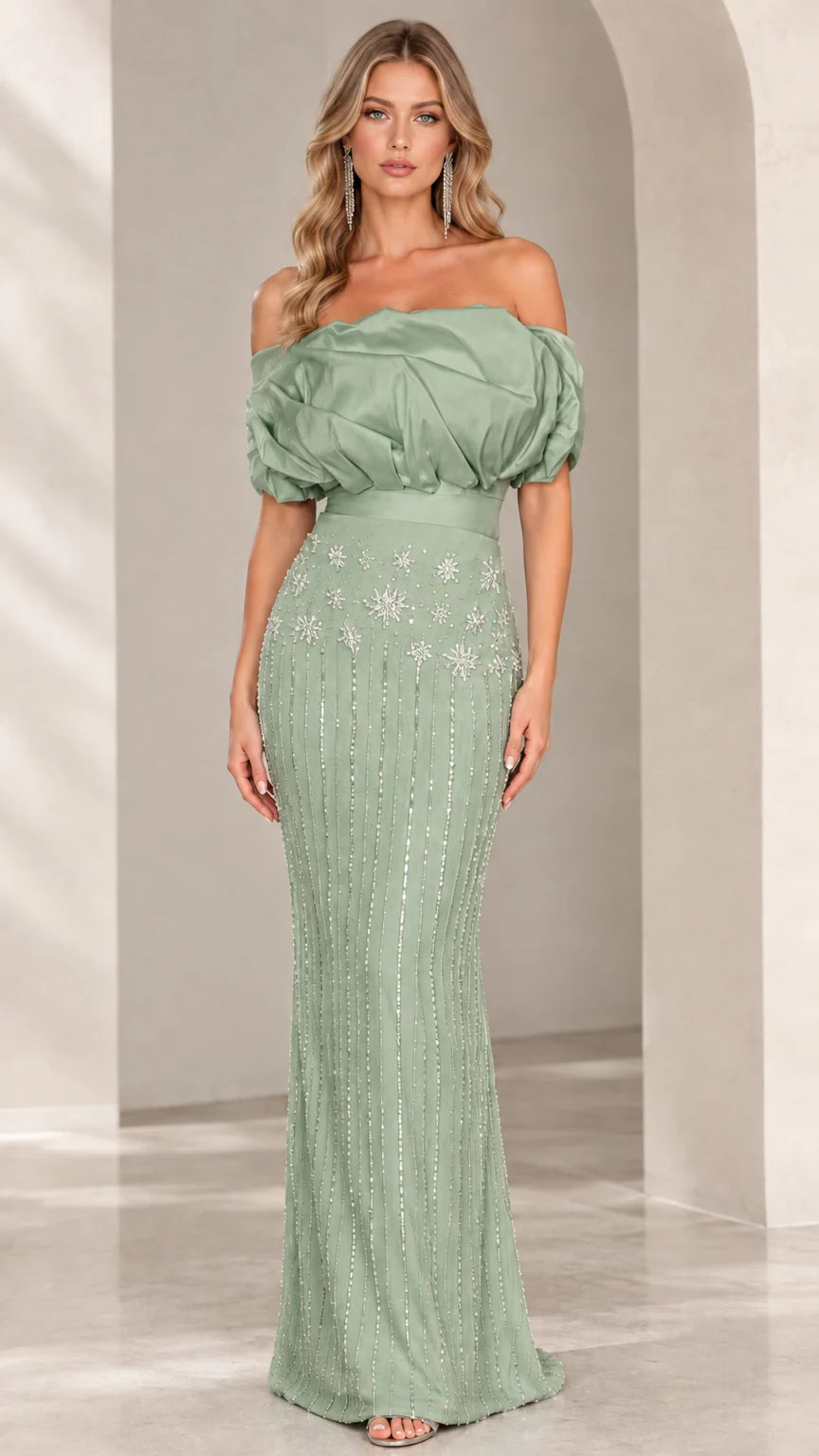 Sage green off-the-shoulder embellished mermaid gown