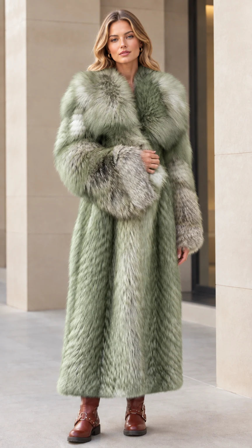 Front view of woman wearing sage green long faux fur coat