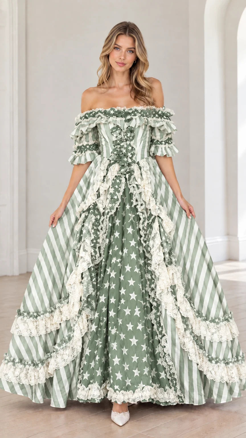 Full-length front view of sage green and white star and stripe ball gown