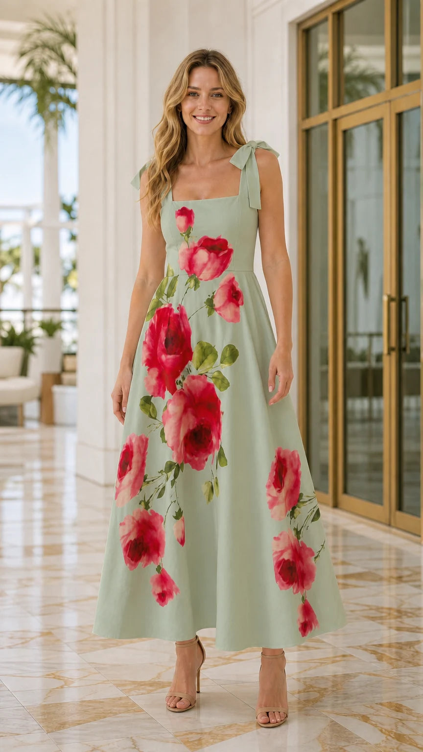 Front view of woman wearing sage green floral maxi dress