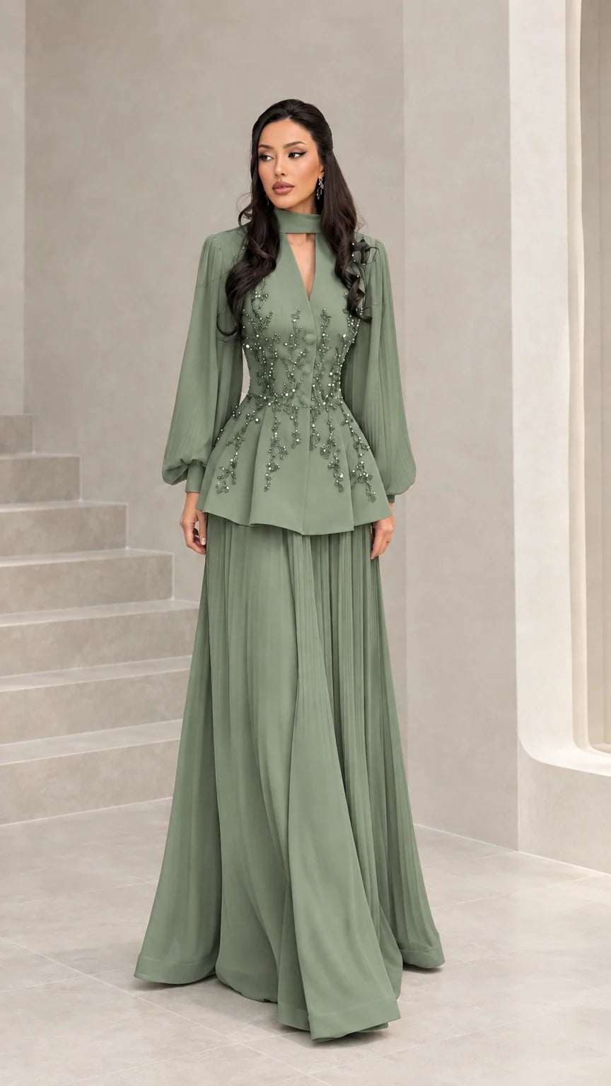 Front view of sage green long-sleeve beaded peplum evening gown