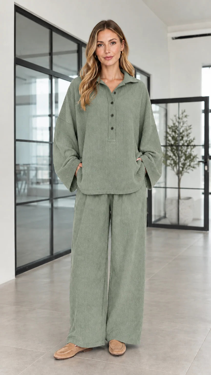 Women's sage green crinkle fabric henley pullover and matching wide-leg trousers