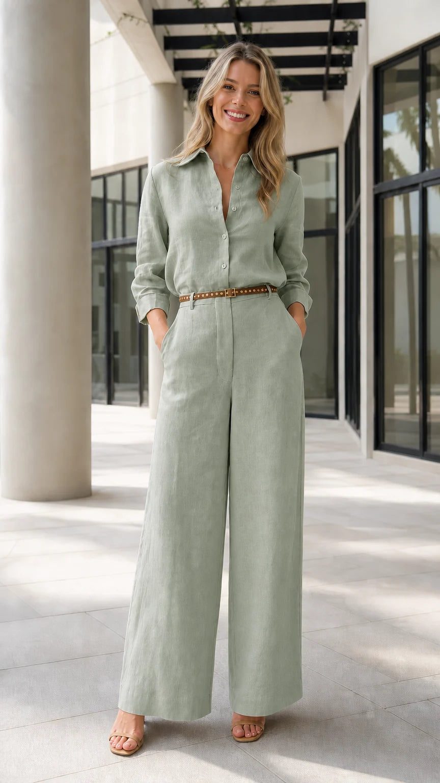 Front view of woman wearing sage green button-up wide-leg jumpsuit