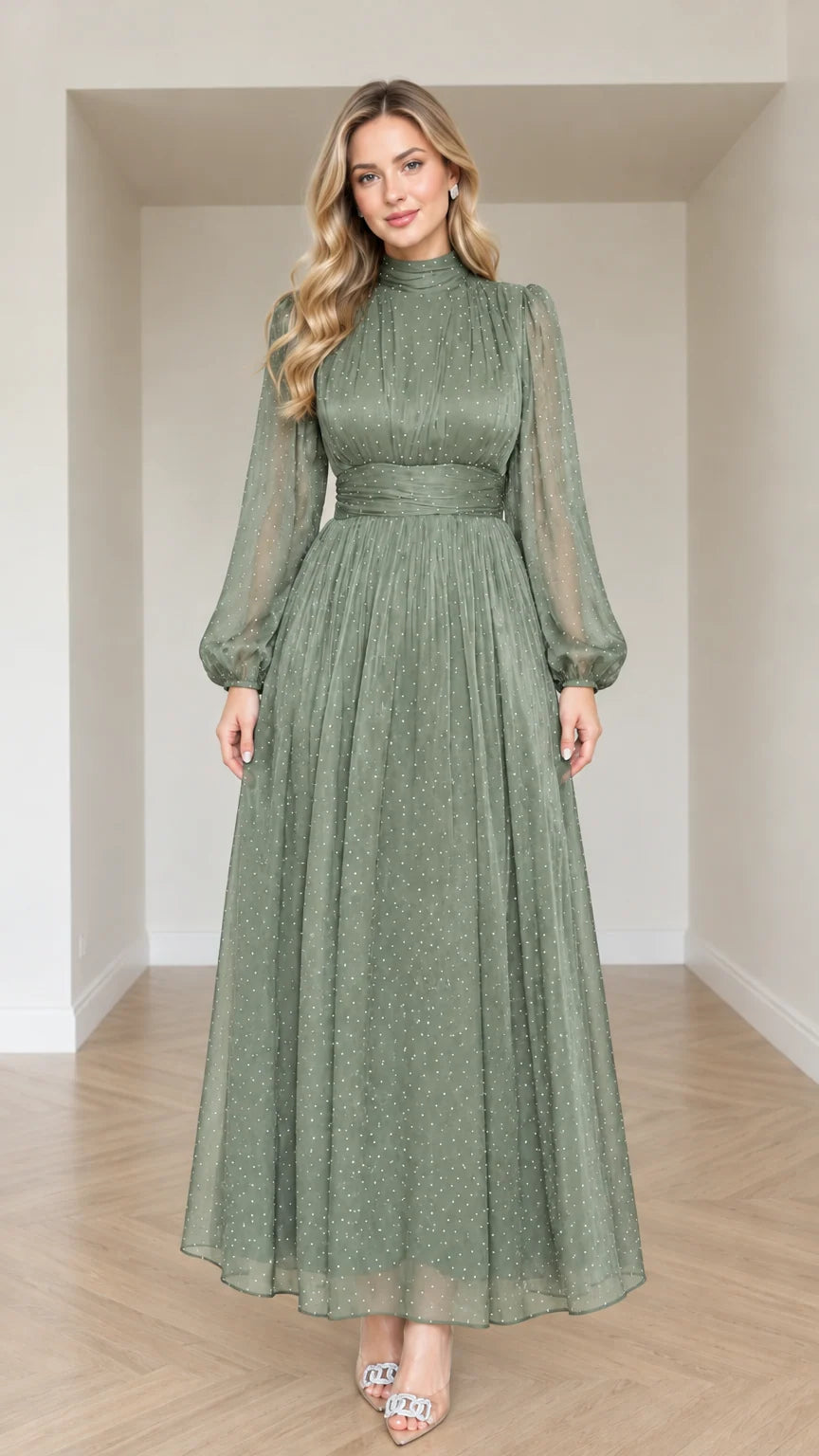Front view of woman wearing Sage Green shimmer pleated waist formal maxi gown
