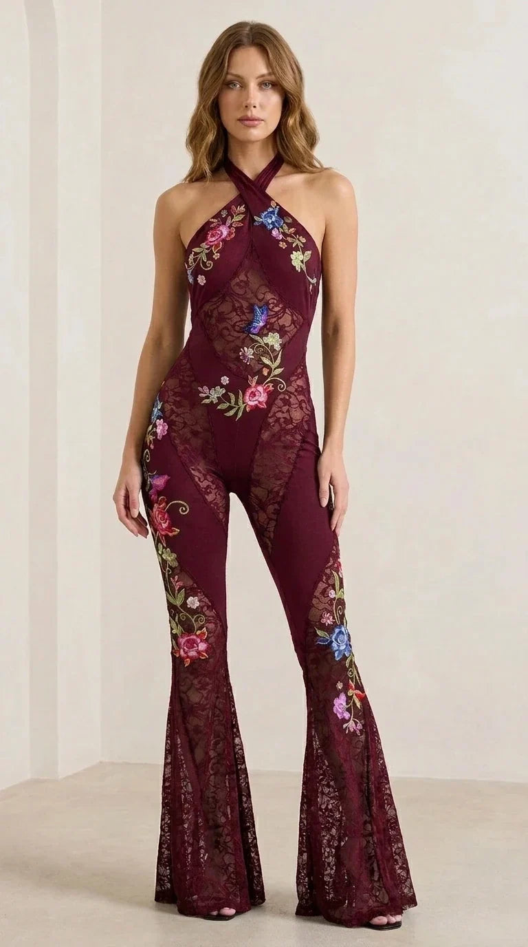 Burgundy color variant of the floral embroidered lace jumpsuit