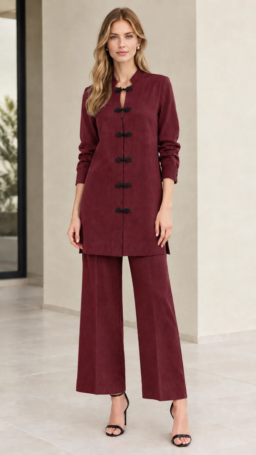 Front full-length view of woman wearing Burgundy wine red mandarin collar tunic and pants set