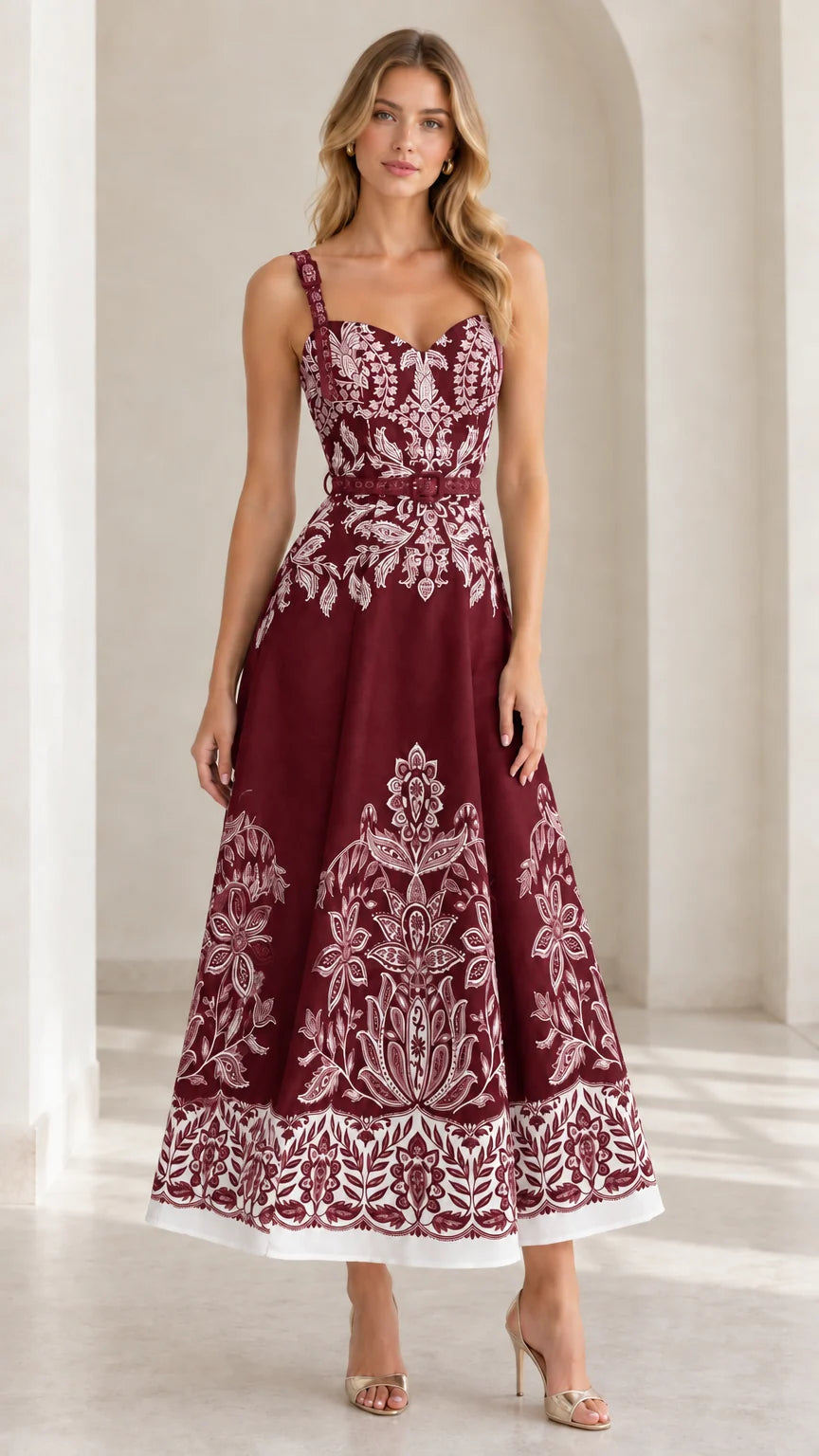 Burgundy wine red baroque print sweetheart neckline midi dress on model