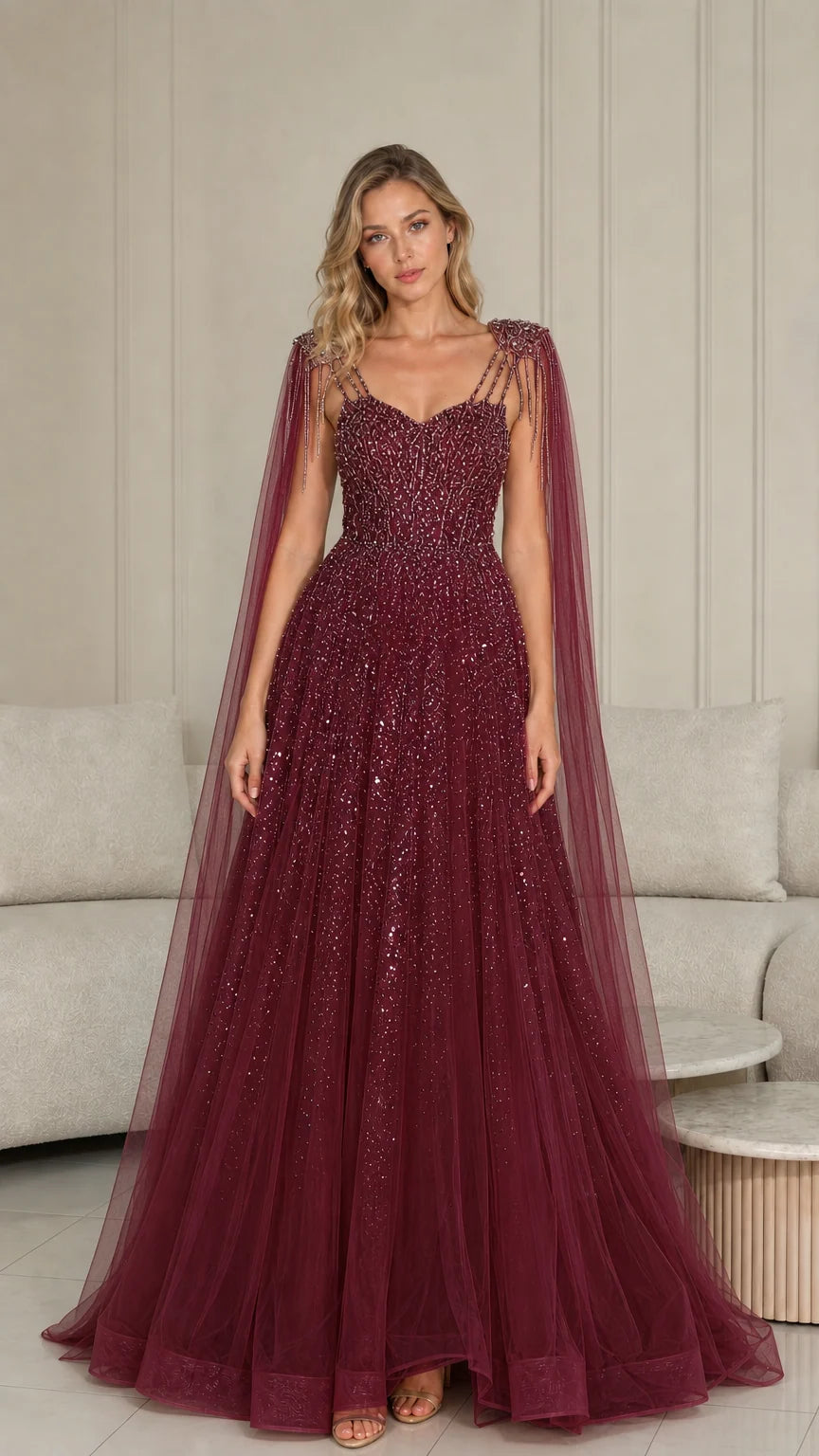 Burgundy wine sequined tulle evening gown with sweeping cape