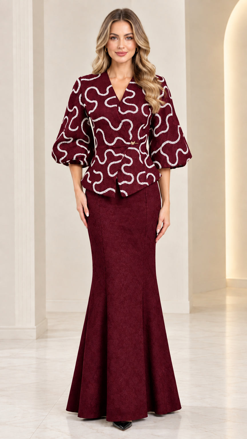 Burgundy wine red two-piece peplum top and mermaid maxi skirt formal set