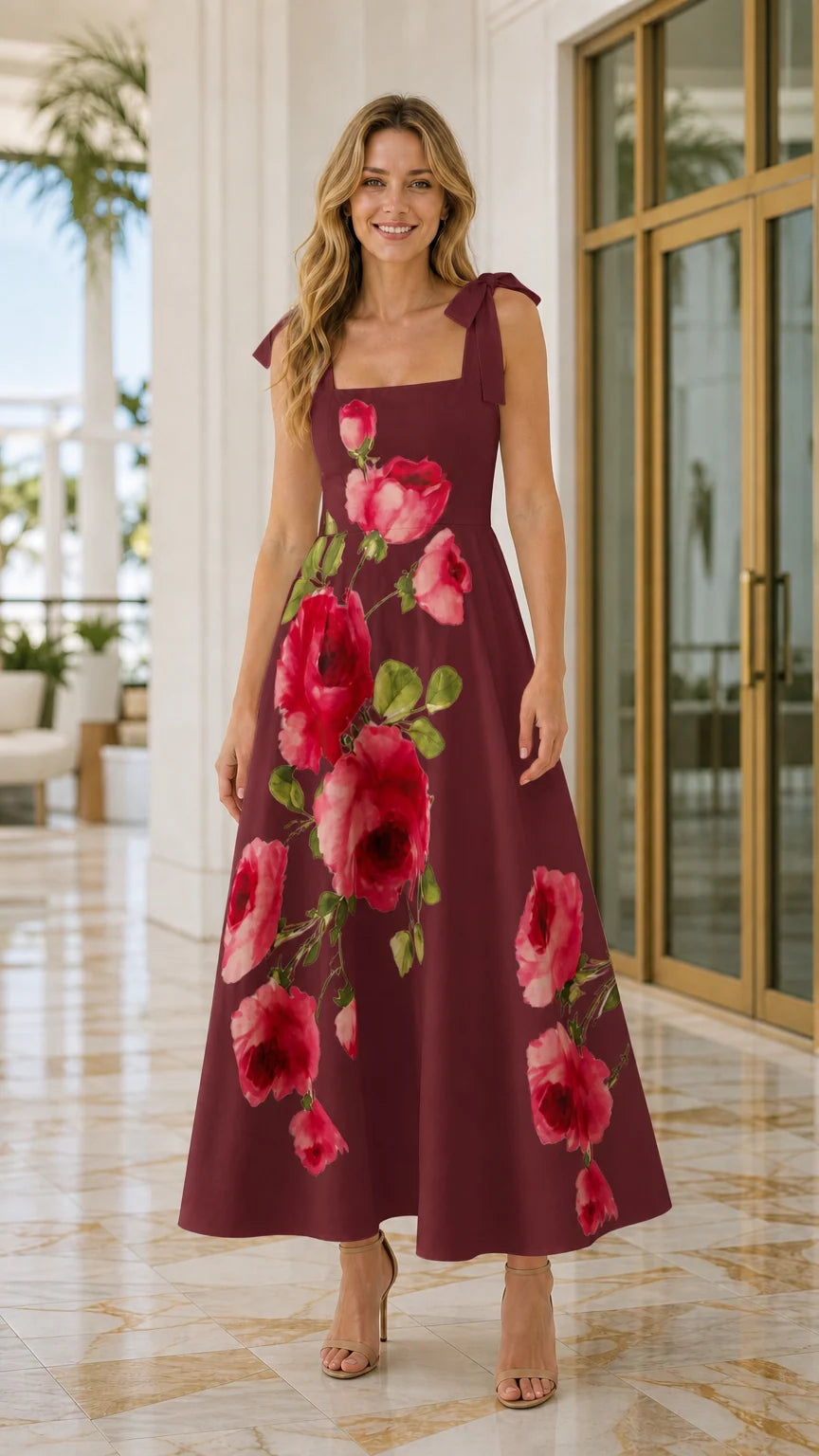 Front view of woman wearing burgundy floral maxi dress