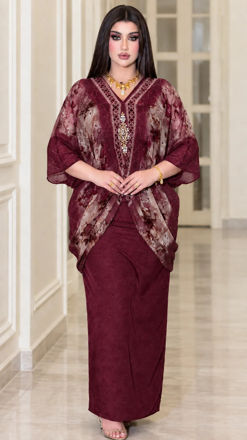 Model wearing burgundy wine embellished chiffon kaftan maxi dress set