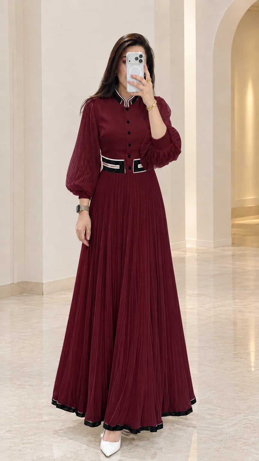 Burgundy wine red pleated maxi dress with contrast black detailing