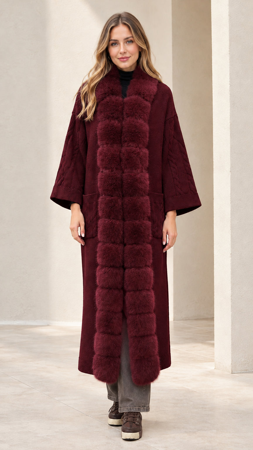 Model wearing deep burgundy wine long faux fur trim knit cardigan