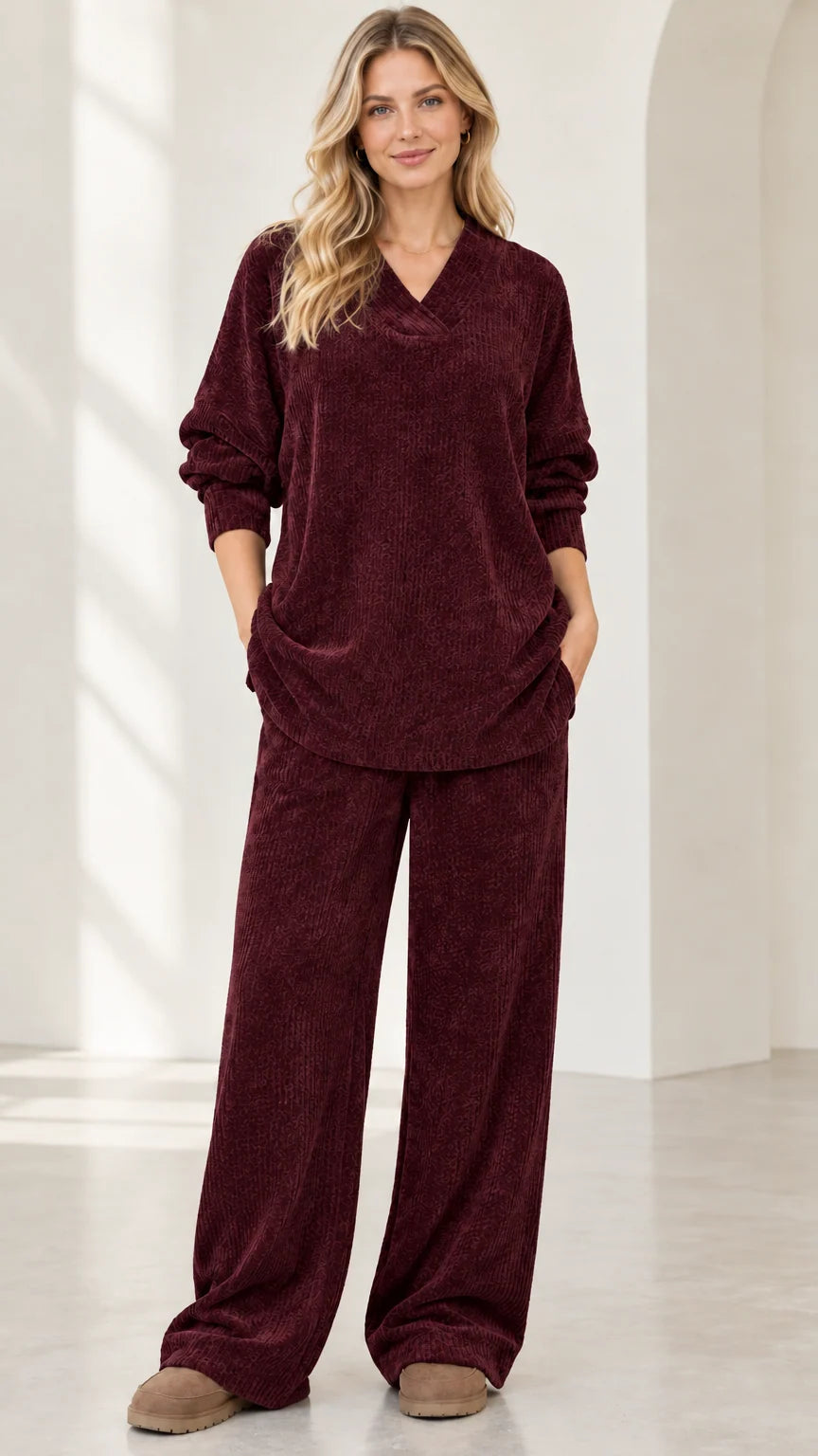 Front view of woman wearing burgundy wine red ribbed knit two piece lounge set