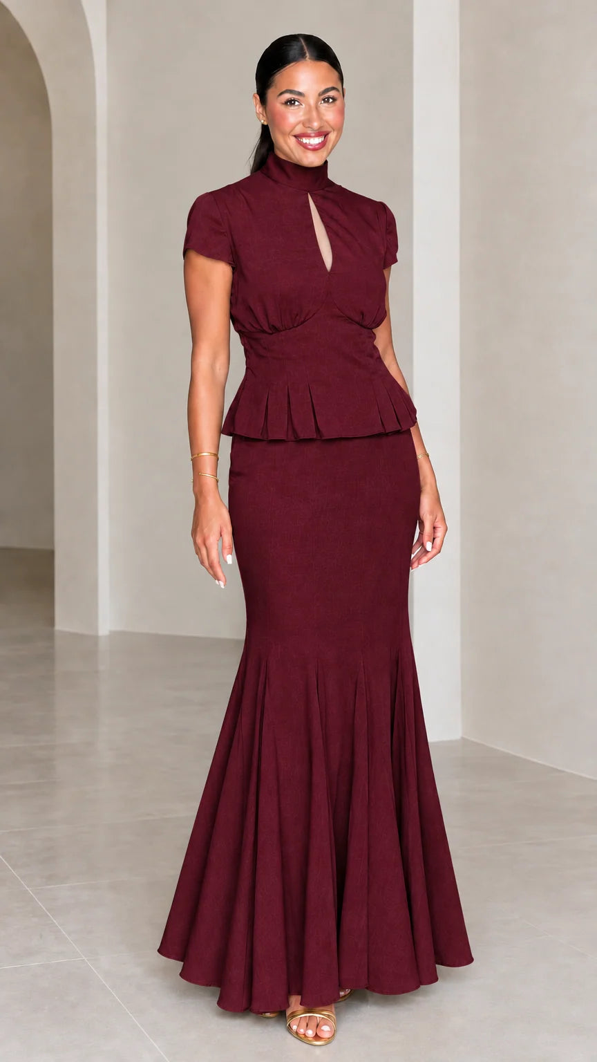Burgundy high neck keyhole peplum mermaid maxi dress set
