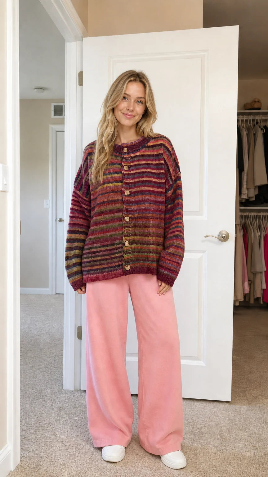 Front view of burgundy-based striped cardigan variant
