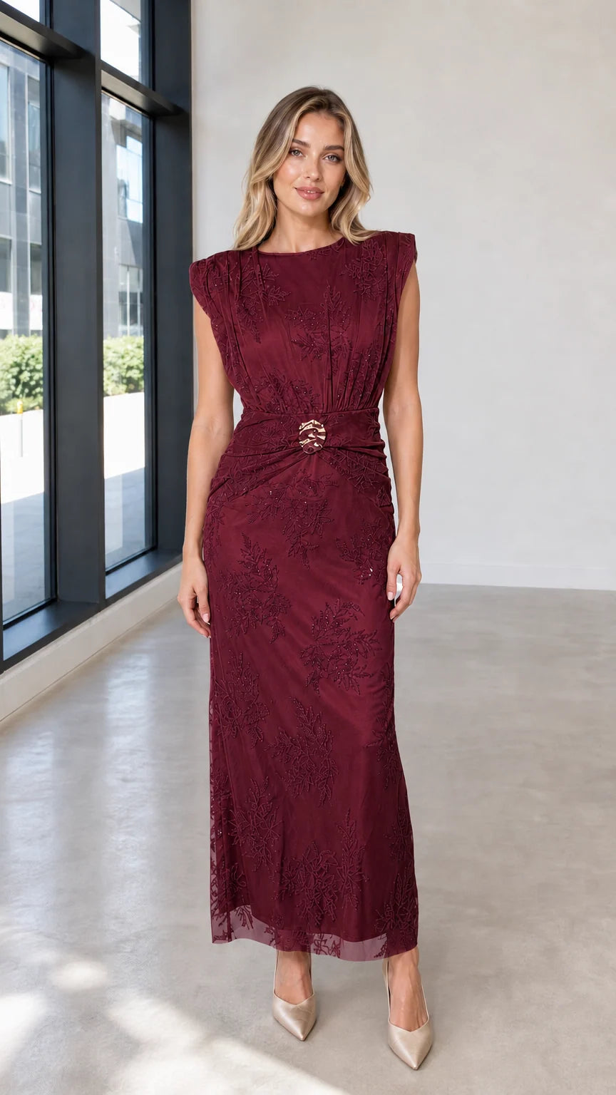Front view of burgundy embroidered maxi dress