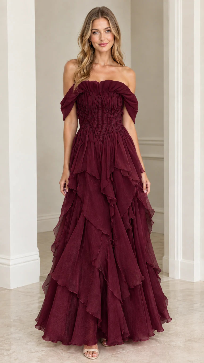 Front view of model wearing Burgundy off-the-shoulder tiered ruffle evening dress