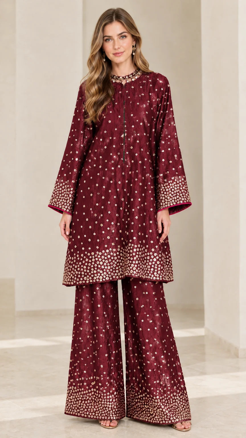 Model wearing Burgundy longline embellished tunic and wide-leg pant set