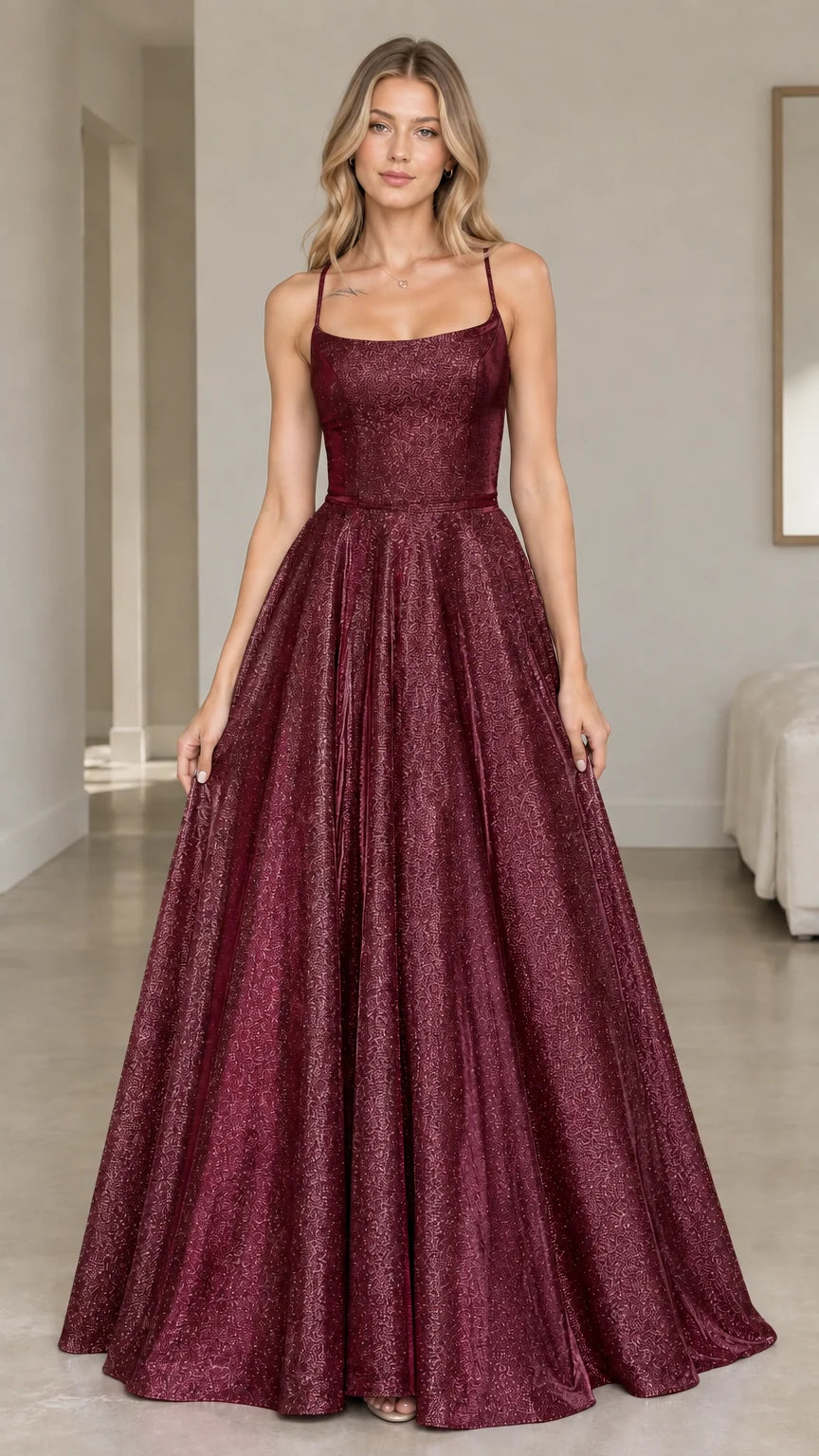 Front view of the burgundy glitter A-line maxi dress