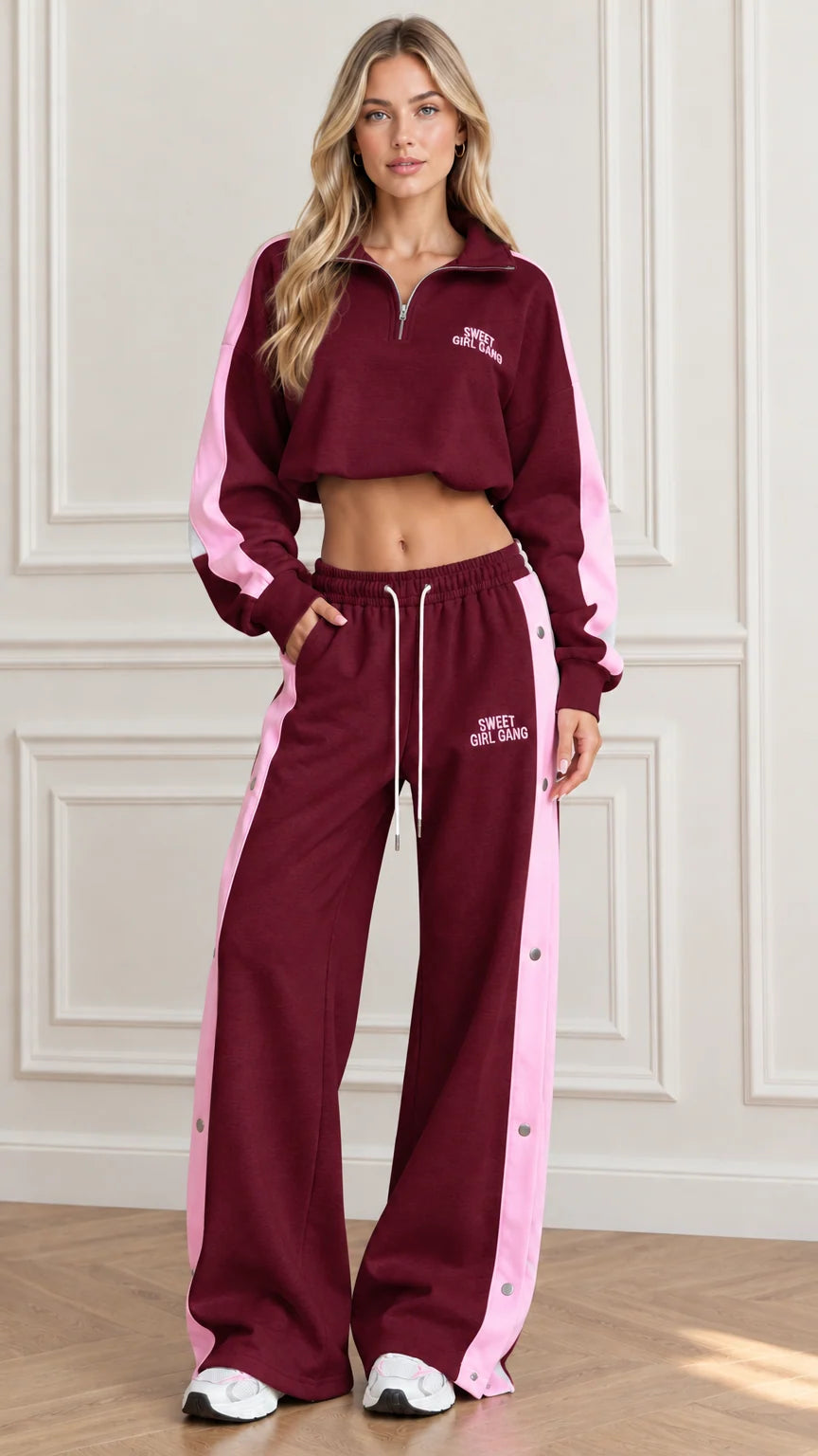 Burgundy cropped half-zip tracksuit set with pink side stripe detail