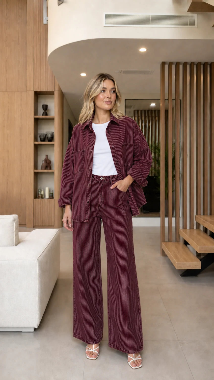 Model wearing Burgundy striped denim shacket and wide-leg pants two-piece set