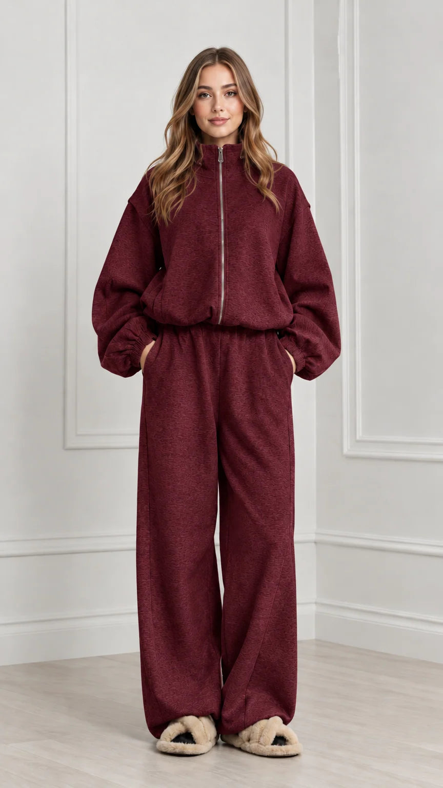 Women's burgundy wine red two-piece fleece tracksuit set