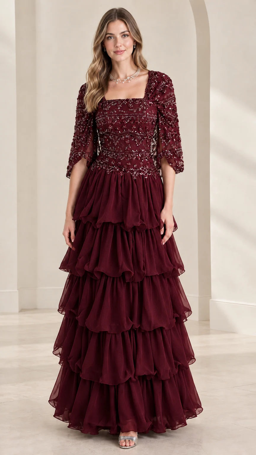 Full view of burgundy wine sequin beaded tiered ruffle formal evening dress