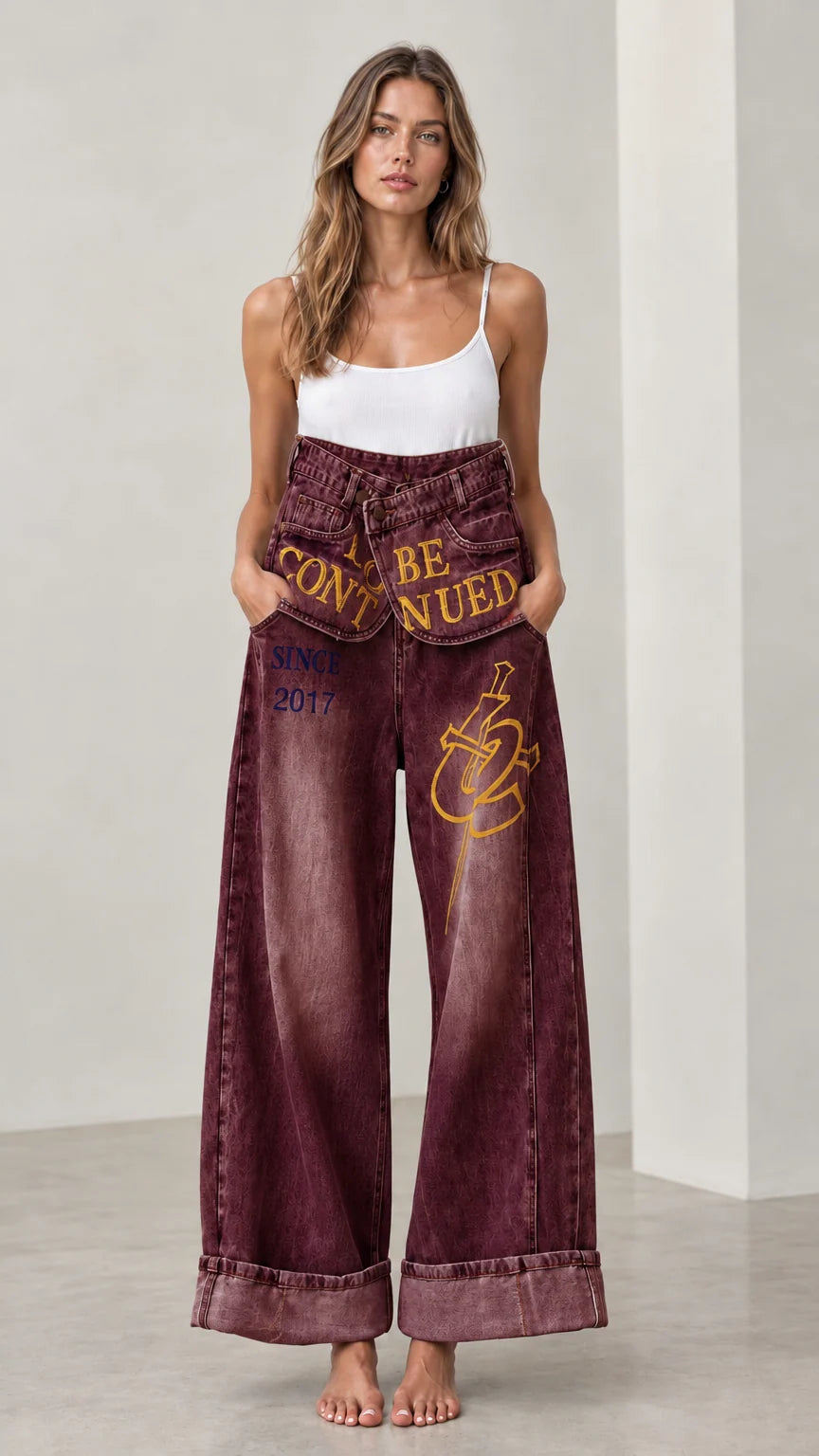 Front full view of Burgundy Fold-Over Waist Graphic Wide-Leg Jeans