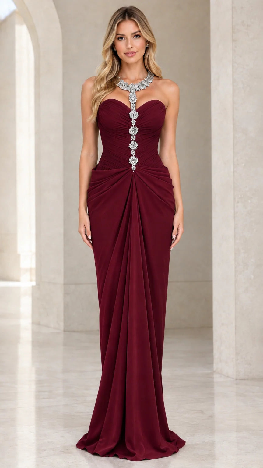 Full-length front view of the embellished sweetheart formal gown in burgundy