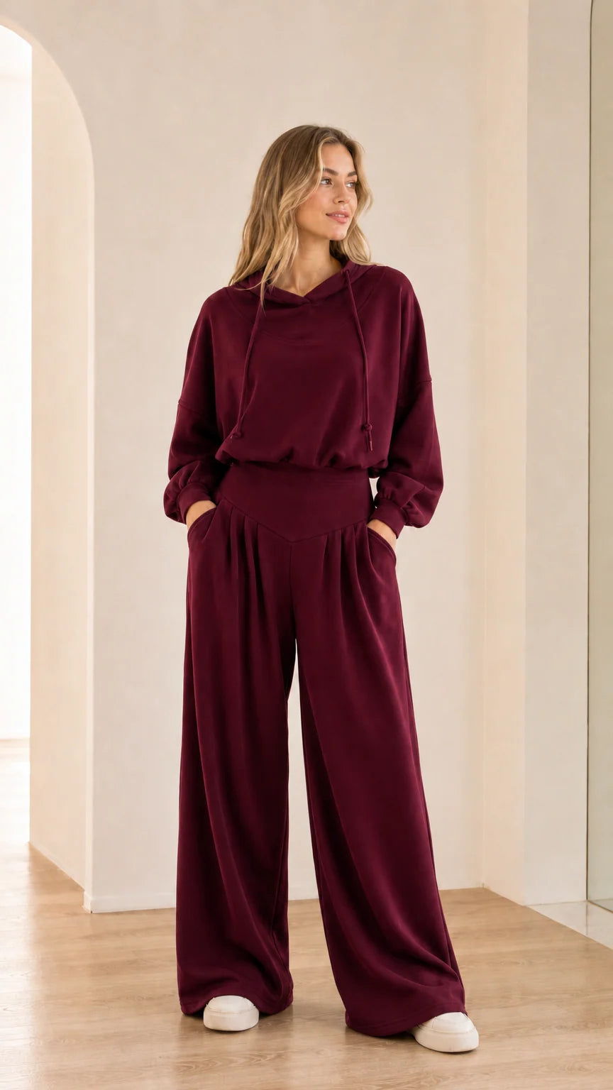 Full-body view of model wearing burgundy wine 2-piece wide-leg hoodie set