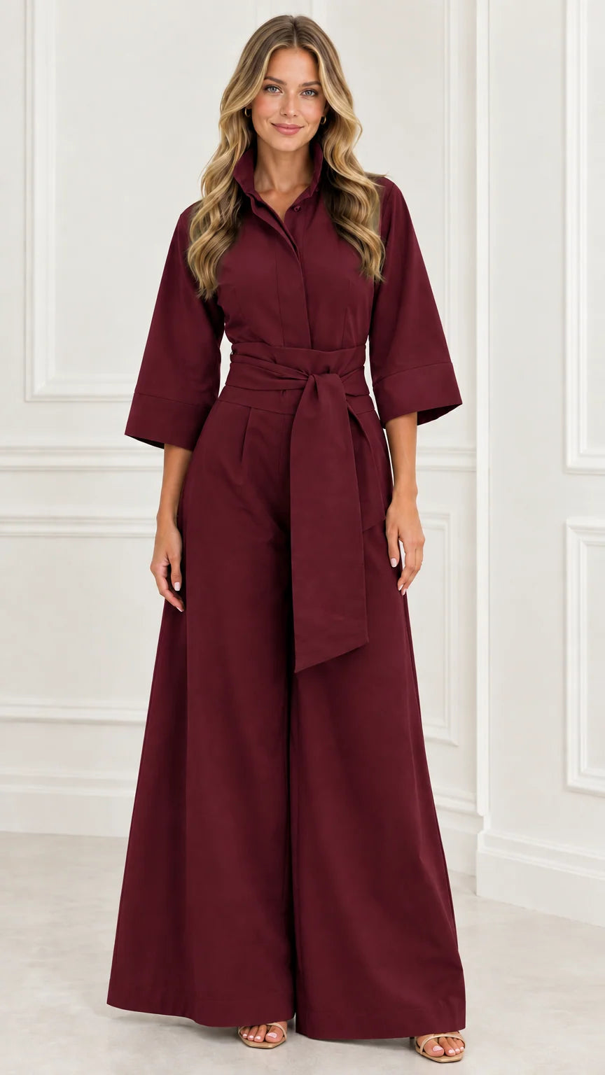 Front view of woman wearing a burgundy red collared wide-leg jumpsuit with belt