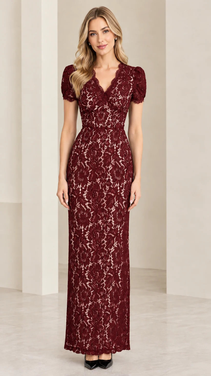 Front full view of model wearing burgundy red floral lace short sleeve maxi dress