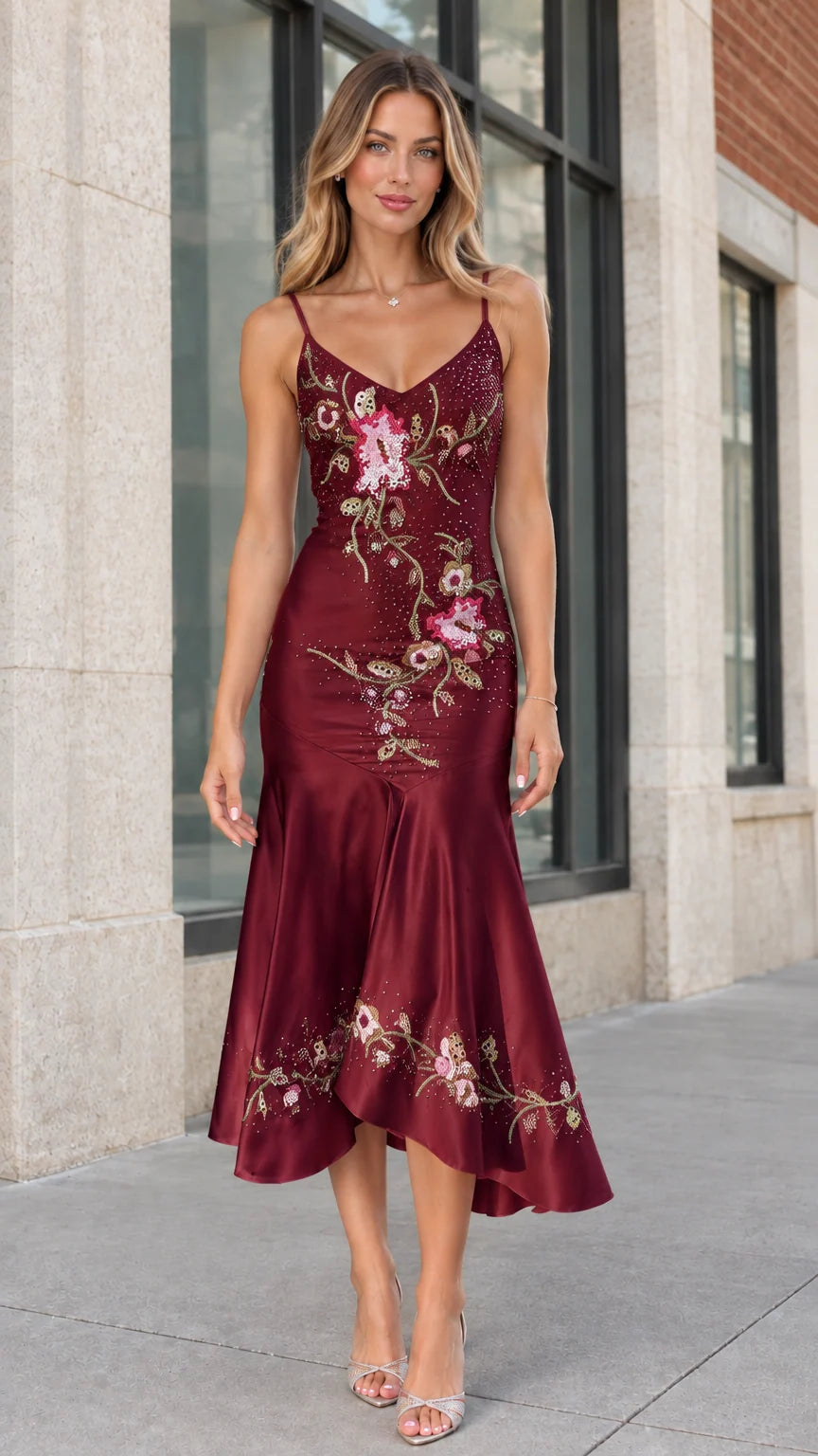 Model wearing burgundy red beaded satin cocktail midi dress