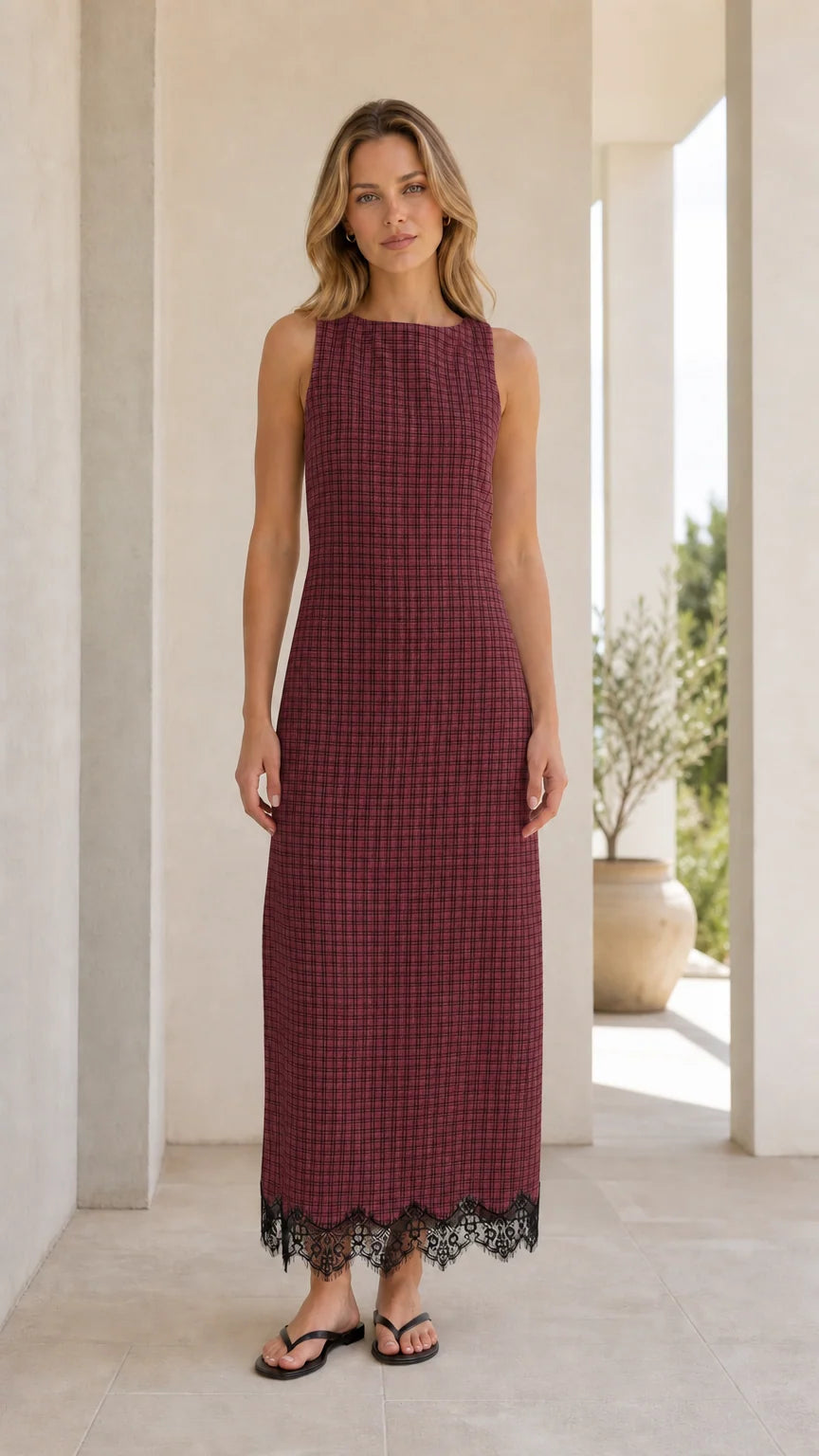 Front view of model wearing burgundy gingham midi dress