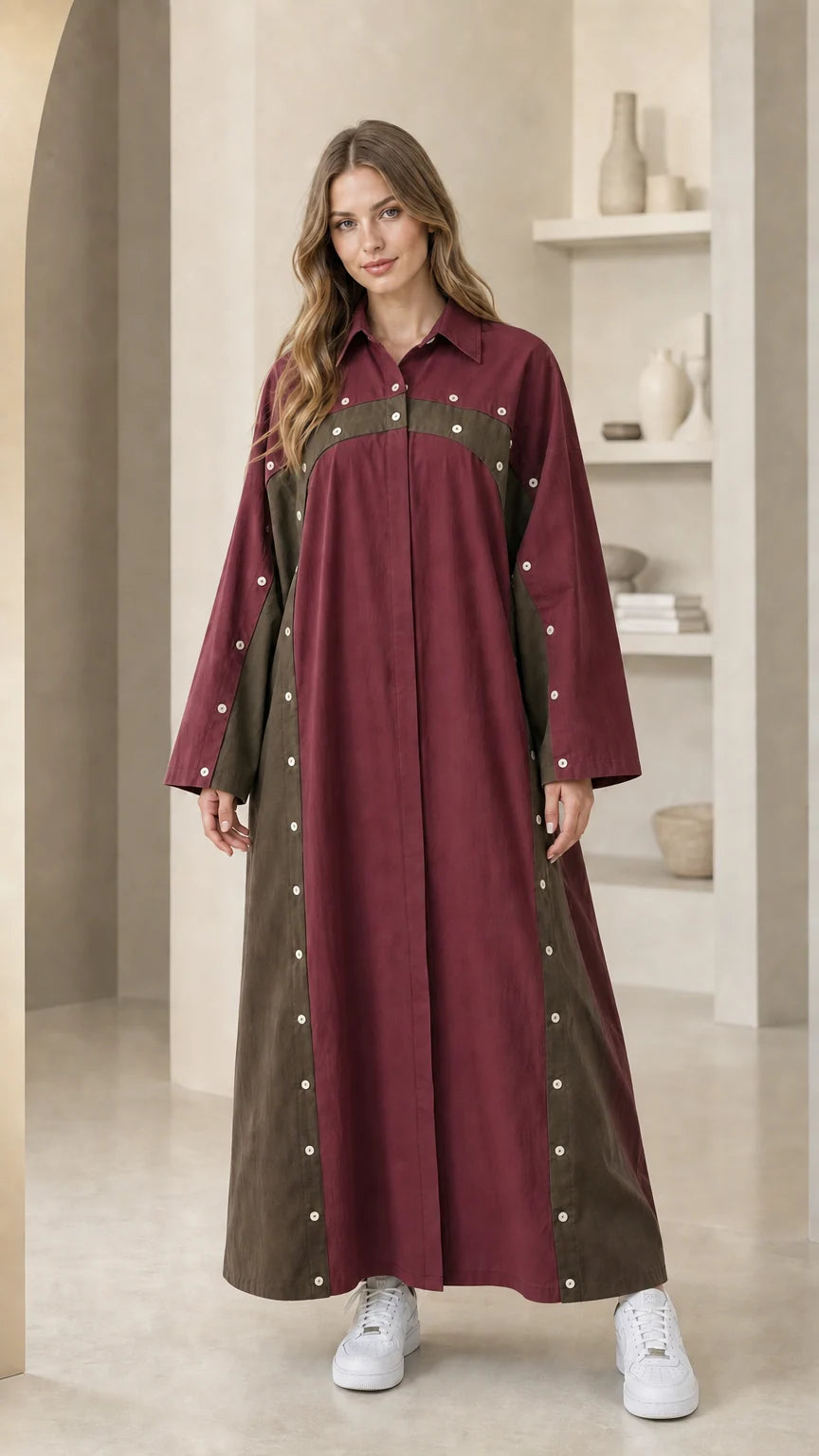 Burgundy and dark contrast long sleeve casual maxi dress