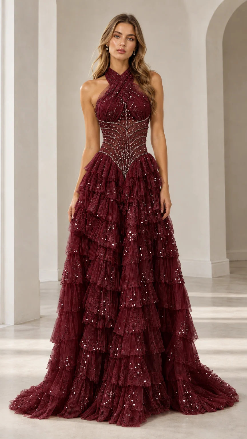 Model wearing Burgundy halter-neck tiered sequin formal evening gown