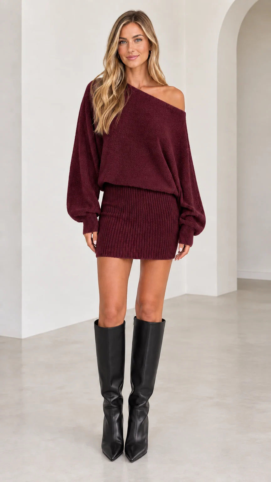 Front view of woman wearing burgundy wine one-shoulder ribbed knit mini dress