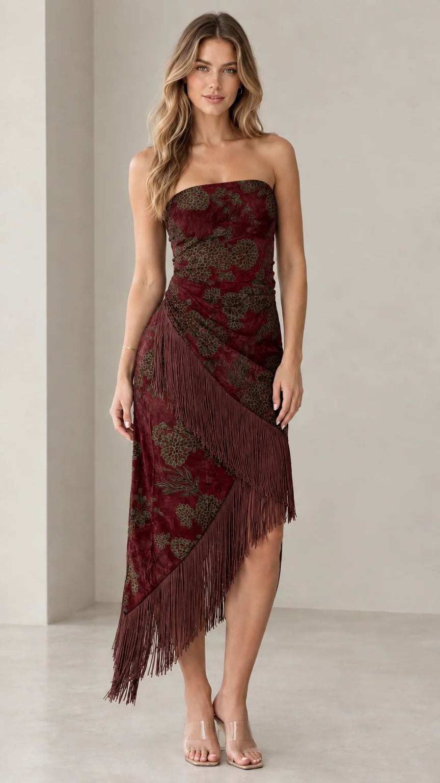 Burgundy strapless floral midi dress with matching fringe hem trim