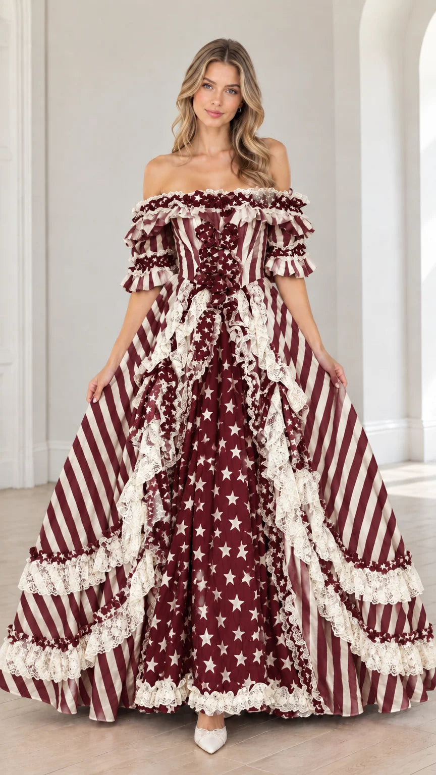 Full-length front view of burgundy red star and stripe tiered ball gown