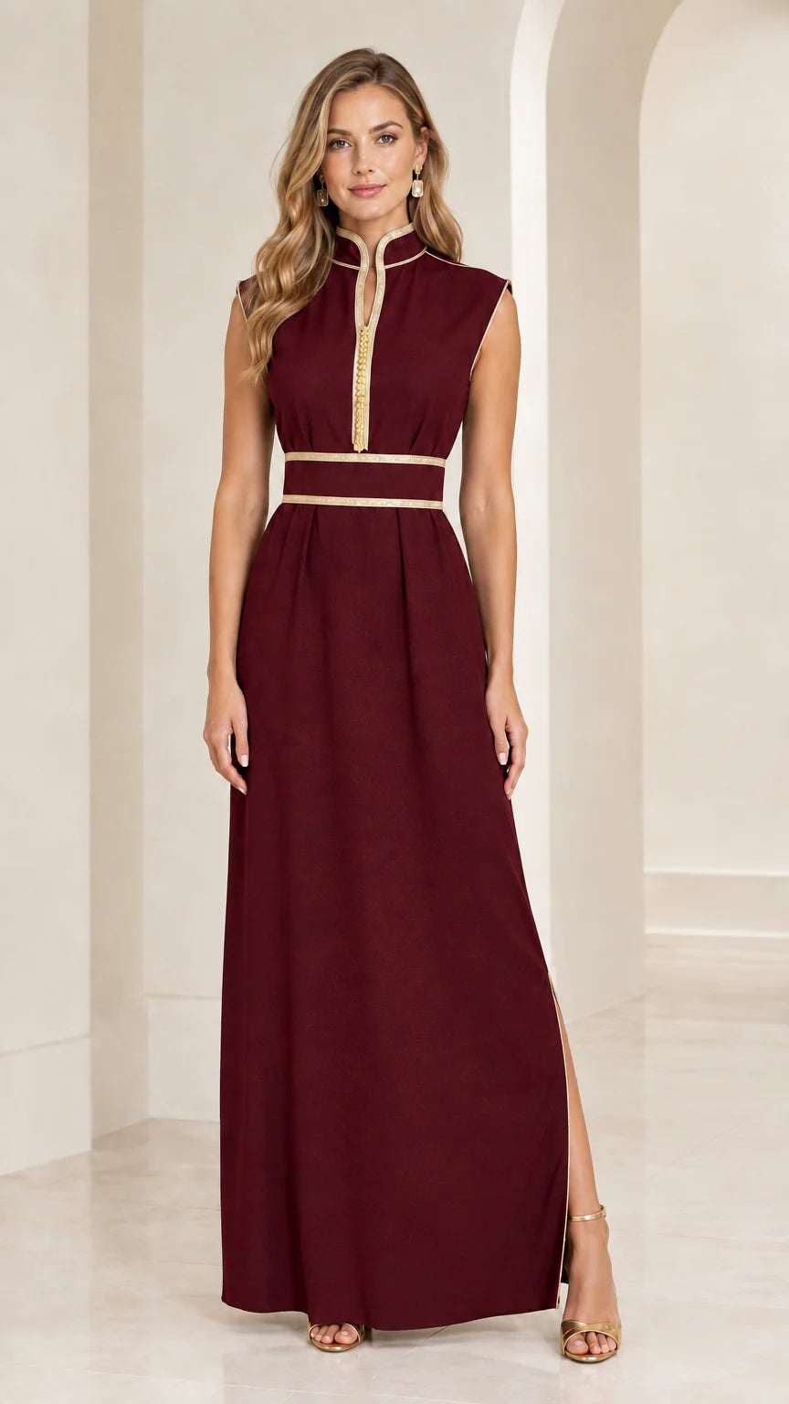 Front view of burgundy wine red sleeveless mandarin collar maxi dress with gold trim